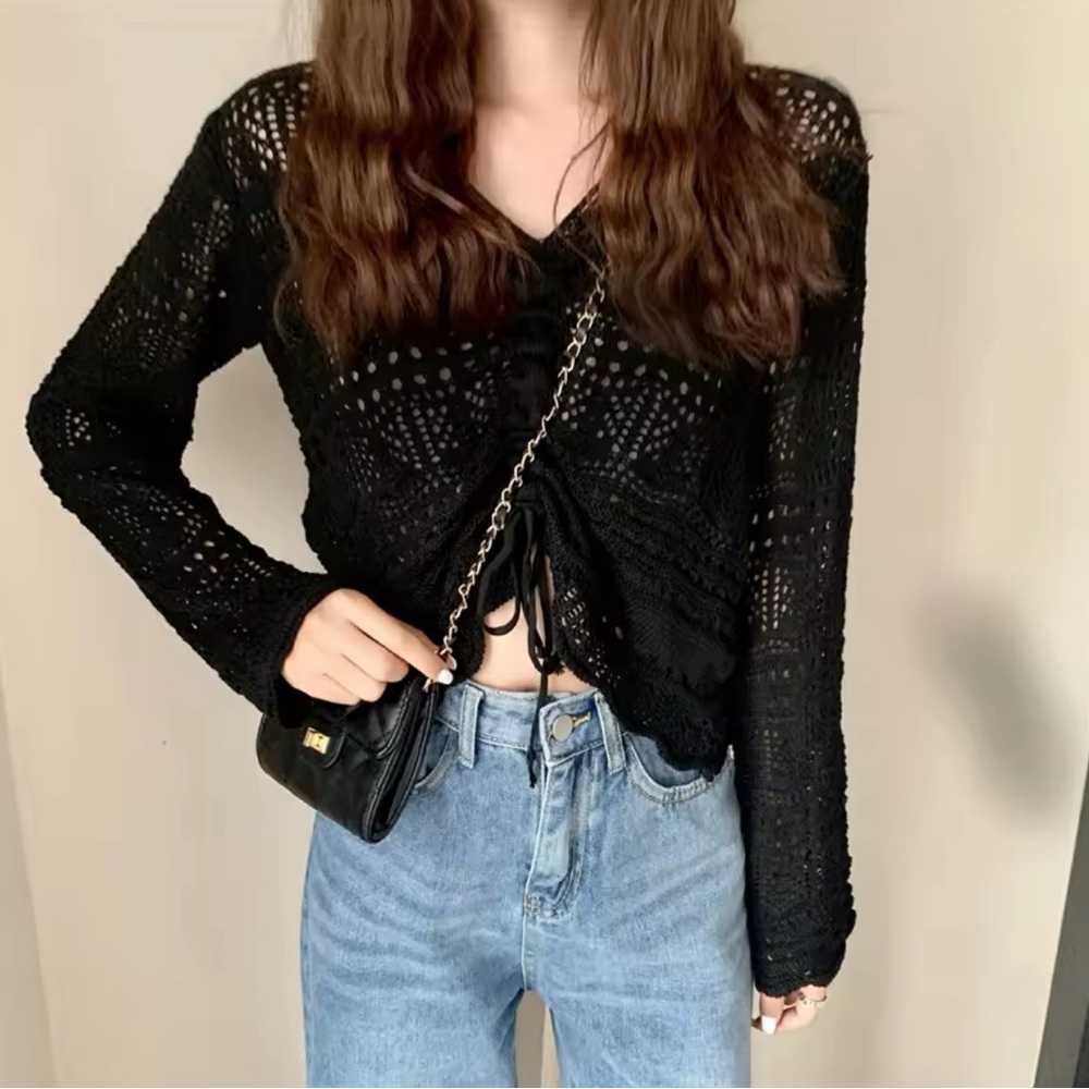 Crochet V Neck Knit Top Long Sleeves